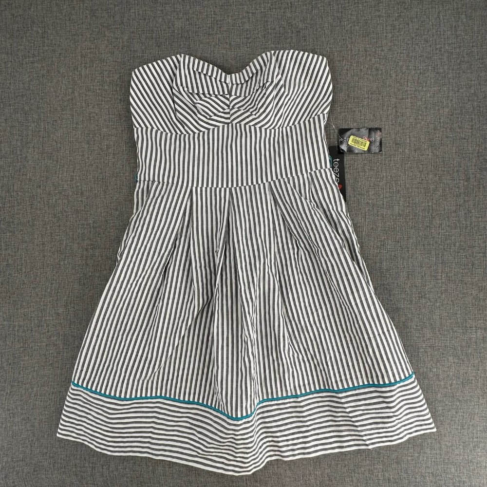 Brand New Teeze Me Dress Strapless Blue & White Size‎ 5 Zipper Closure Cotton
